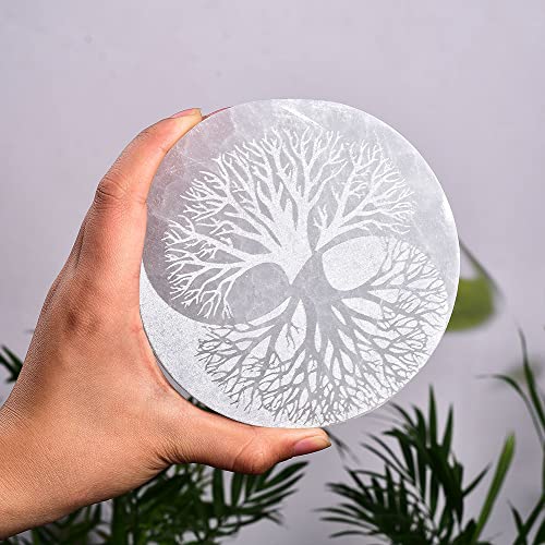 JIC Gem 5" Tree of Life Etched Selenite Charging Plate Round Engraved Selenite Slab Large Healing Crystal Charging Station Tree of Life-5"