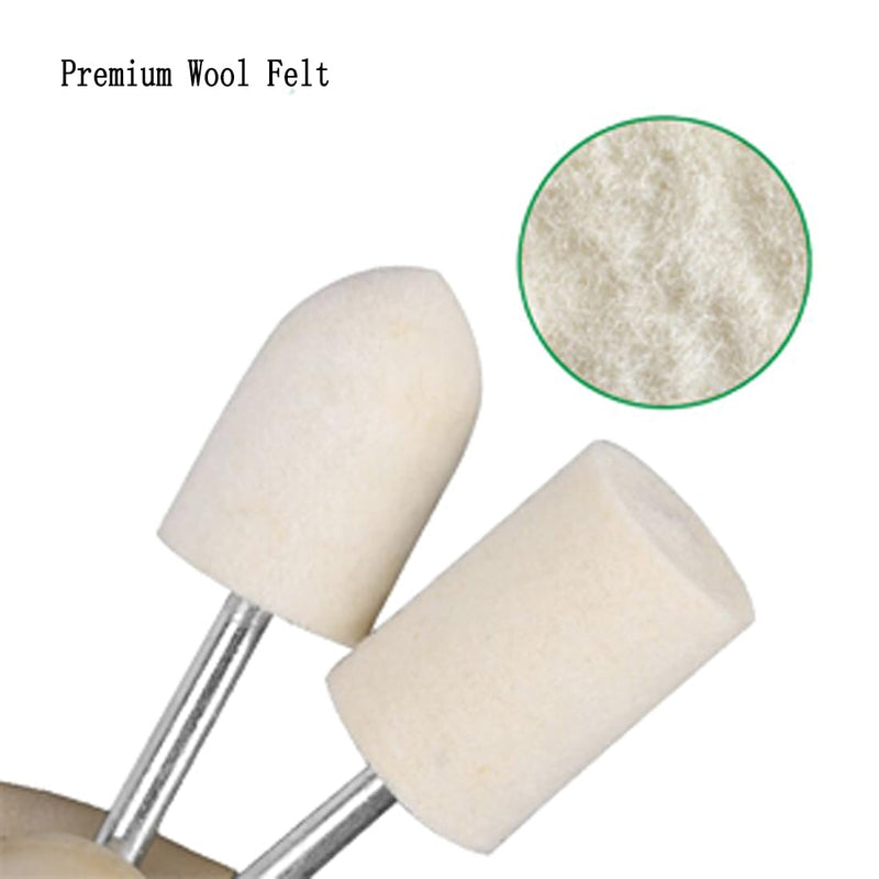 Luo ke 100 Pcs Felt Polishing Bits - 3/32'' Shank Compressed Wool Felt Polishing Kits Buffing Tips for Jewelry, Metal, Aluminum for Rotary Tools