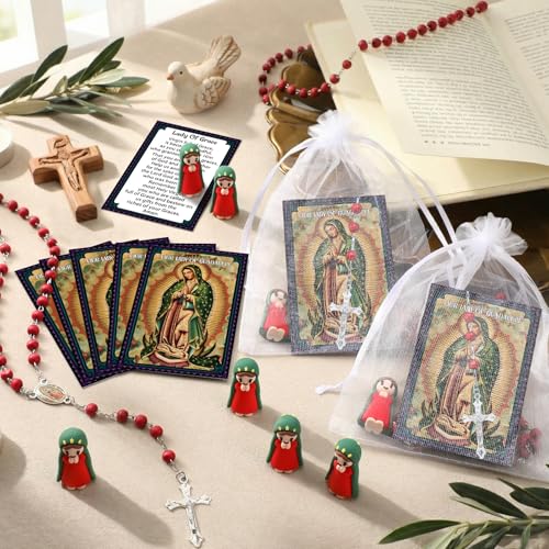 40 Pcs Our Lady of Guadalupe Mini Resin Figurines with Blessed Mother Virgin Mary Catholic Religious Prayer Cards Rosary Necklaces Organza Bags Baptism Favor Guest Gift for Party (Mary,Red) Red 40