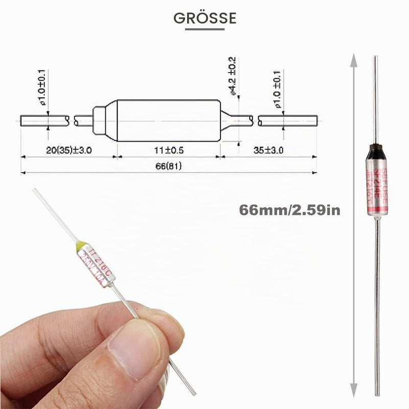 SF214E SEFUSE 216 Degree Celsius Metal Thermal Fuse 10A 250V with GT-1 Crimping Connection Silicone Fibre Optic Hose for Household Appliances Pack of 10 SF214E