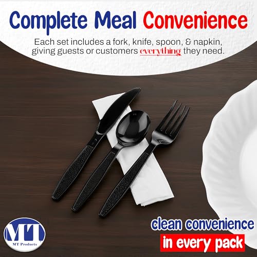 MT Products Black Individually Wrapped Plastic Cutlery Set - Disposable Heavy Weight Utensils - Pack of 50