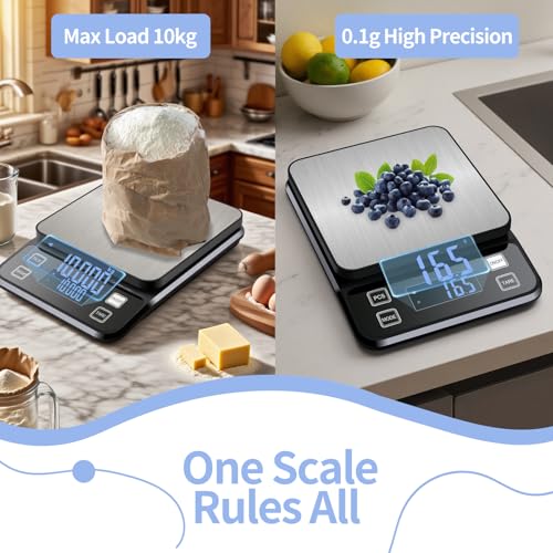 Waterproof Kitchen Scales IPX67, 10kg/22lbs Food Scales with 0.1g High Precision, 10 Units, TYPE-C Rechargeable, Stainless Steel Pan, LCD Display, for Baking, Cooking 10kg-Black