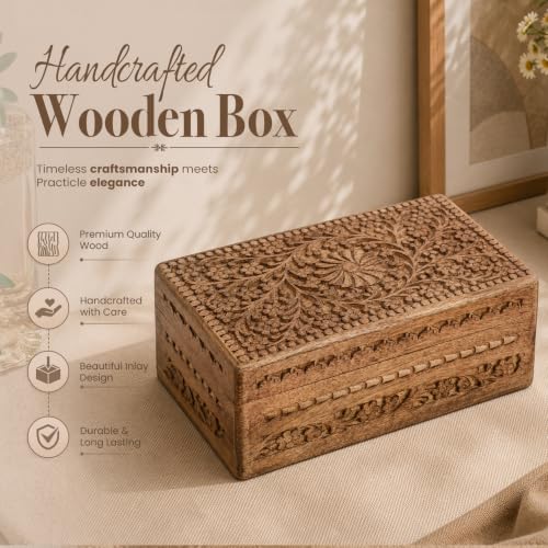 Ajuny Wooden Jewelry Box Flower Carved Decorative Chest Storage 10 Inch
