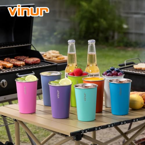 Stainless Steel Cups-16 oz Colorful Stackable Metal Drinking Glasses 8 Pcs Sky Blue-Orange-Hot Red-Apple Green-Blue-Royal Blue-Teal-Purple 8 Pack