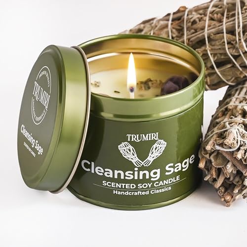 Sage Candle for Cleansing House Negative Energy Smudge Kit - 5oz Soy Wax Natural Clean Organic Non Toxic - Aromatherapy Spiritual Meditation Gifts - Long Lasting Highly Scented Candel with Crystals Cleansing Sage