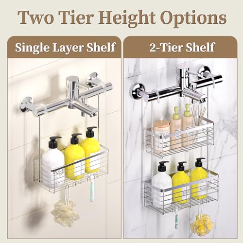 DELLAN Hanging Shower Organizer, Shower Rack with Hooks Over the Door Silver 11"D x 4.7"W x 3.9"H