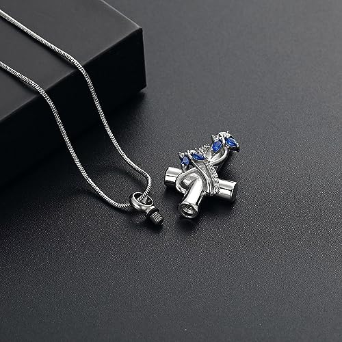 Urn Necklaces for Ashes Butterfly Cremation Jewelry for Ashes for Human Cross with Crystal Butterfly Memorial Ash Pendant Keepsake Jewelry Gifts for Loss of Loved One Silver-blue
