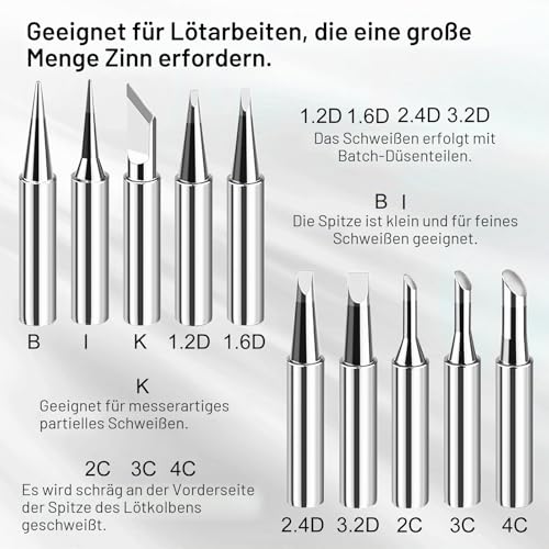 Pack of 10 Soldering Iron Tips, 900M-T, Replacement Soldering Tips for Soldering Stations, Soldering Iron, Soldering Tip Set, Soldering Iron Replacement Soldering Tips Set with Welding Sleeve, Lead-Free High-Quality Copper Soldering Tips