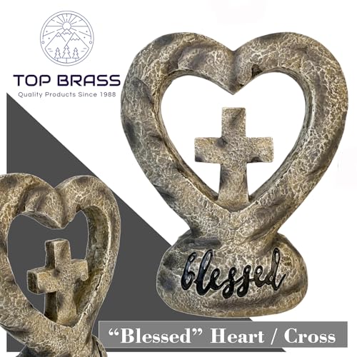Top Brass Blessed Heart and Cross Standing Figurine – 5.5” Rustic Inspirational Statue with Engraved ‘Blessed’ Script, Christian Tabletop Décor, Faith-Based Home Accent, Spiritual Item for Loved Ones