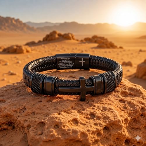 Mens Christian Bracelet, Cross Bracelet for Men, Gifts for Husband Dad Boyfriend Son, Engraved Bible Verse Jewelry, Stainless Steel Cross, Black Braided Leather Bracelets A - Black - Joshua 1:9 Standard - 8.3"