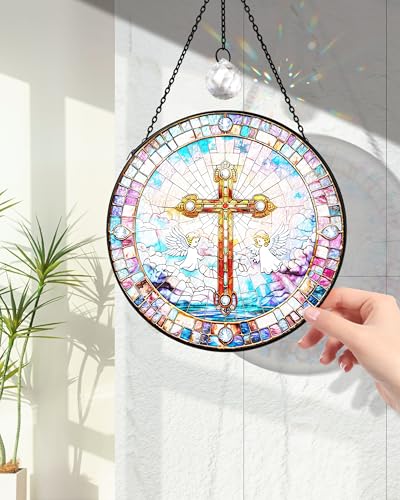 7.8" Christian Angel Cross Stained Glass Window Hanging Cross&angel 7.8 inch