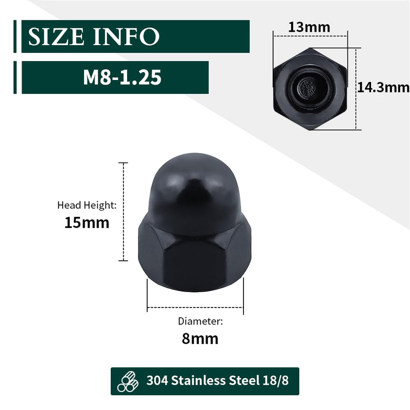 [Australia - AusPower] - M8-1.25 Hex Head Acorn Cap Nuts, 304 Stainless Steel 18-8 Hexagon Head Acorn Dome Cap Nuts, Black Oxide Finish, Hex Drive, 10 PCS M8-1.25 