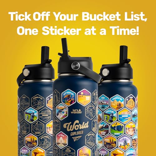 LET'S WANDER World Explorer Adventure Water Bottle with 50 Waterproof Stickers - 32oz Leakproof Insulated Stainless Steel with Straw - Travel Goal Gift Bottle (Blue) Blue