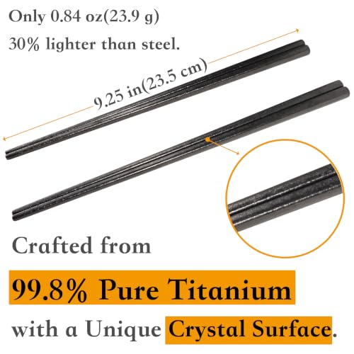 Titanium Chopsticks 2 Pairs 99.8% Pure Titanium Reusable – Lightweight Non-Toxic Utensils with Gift Box & Travel Pouch for Home, Camping, Hiking, Office Lunch (Solid Black) Solid Black