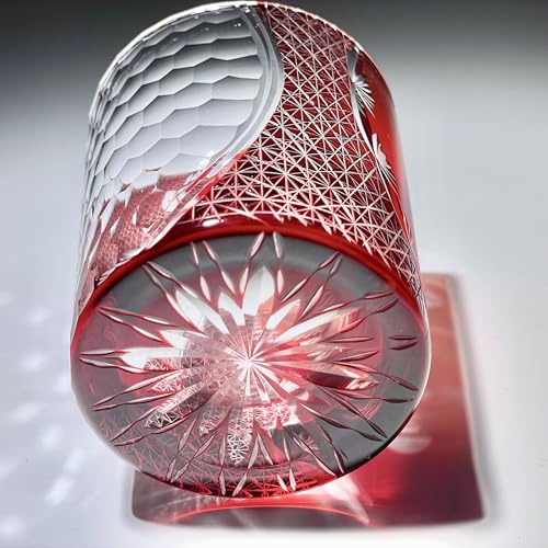 suigetsu Edo Kiriko Crystal Whiskey Glass, Hand-Cut Eagle Design, Blue Tinted Glass, Traditional Japanese Style, Luxury Cocktail Tumbler (Red crane) Red crane