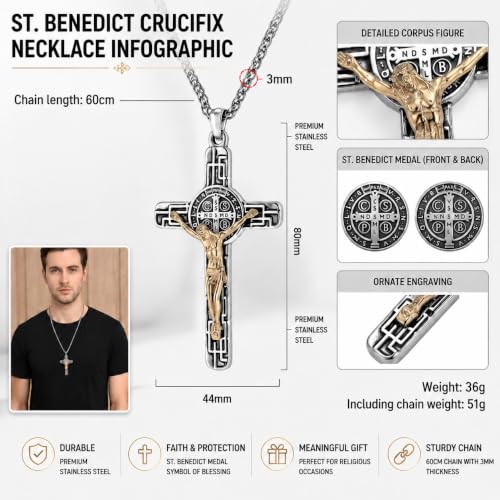 St Benedict Crucifix Necklace Stainless Steel Gold Tone Catholic Gift