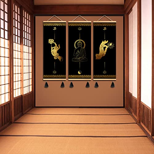 MBOUFOEY 3Pcs Buddhism Zen Art Buddha Hand Gestures Gold Black Canvas Wall Art Yoga Print Poster Wood Scroll Frame with Tassel Painting Home Decor Artwork Ready To Hang (40x105cm 3pcs) 40x105cm 3pcs