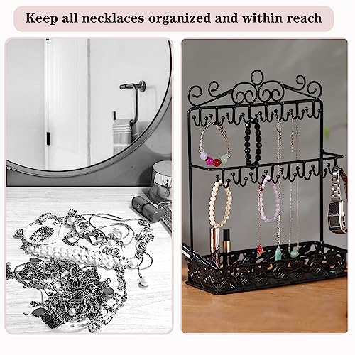 Black Metal Jewelry Holder Organizer Stand Necklace Holder Stand with 32 Hooks and Tray for Woman Rose Tray