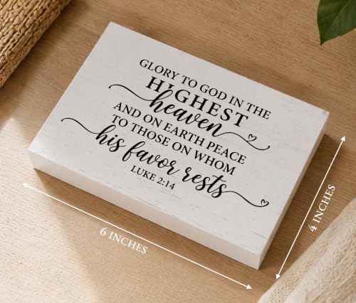 Christian Desk Decor, Luke 2:14 Bible Verse Rustic Farmhouse Wood Block Sign, Inspirational Gift for Women & Men, Perfect for Daily Encouragement -A54