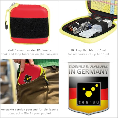 tee-uu Ampusafe Small | Red | Compact Ampoule with 8 Slots | Very compact, flat design: only 10 x 2.7 x 10 cm, made of shock-resistant EVA hard foam, zip, Velcro fleece outside