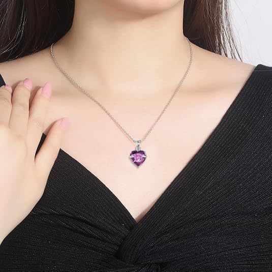 Q&D&S Crystal Urn Necklace for Ashes, Heart Birthstone Memorial Cremation gift Jewelry for Women purple