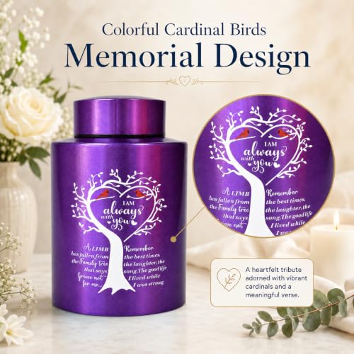 Purple Medium Urns for Human Ashes Up to 60 Cubic Inches, Small Cremation Urn for Ashes Adult Female Male, Decorative Stainless Steel Funeral Burial Memorial Urn with Two Cardinal Birds Purple