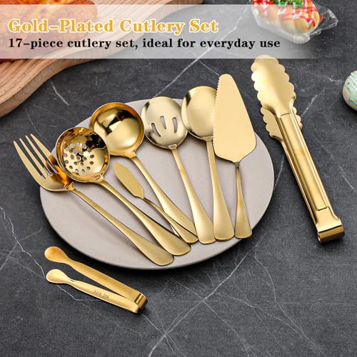 17pcs Gold Serving Utensils Set,Stainless Steel Large Serving Spoons,Slotted Spoon,Fork,Tongs,Cake Pie Server,Soup Spoon,Metal Buffet Banquet Cutlery for Parties Weeding Birthday Entertaining Catering