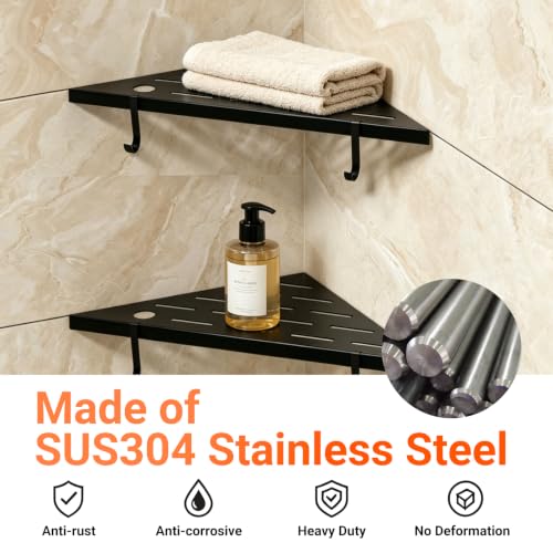Corner Shower Shelves, 10" Matte Black 304 Stainless Steel Recessed Shelf for Bathroom，With silicone soap dish and razor holder，Grout in Shelf with Hooks for Tiled Wall 2 Pack (Black)
