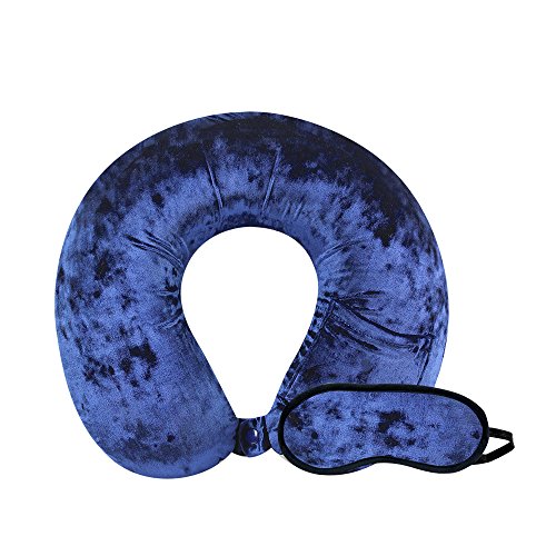 Cloudz Crushed Velvet Ultra Premium Comforlite Memory Foam Airplane Travel Neck Pillow with Matching Luxuriously Soft Black Out Sleep Mask - Blue