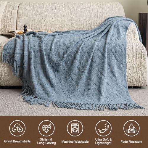 Diamond Jacquard Throw Blanket, Knit Decor Cover for Sofa Couch Misty Blue 51"X94"