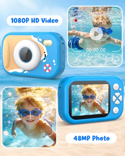 Waterproof Kids Camera, Underwater Camera for Kids 1080P Digital Video Camcorder with 2.4” Display, 32GB TF Card, Emergency LED Flash, Diving Swimming Beach Pool Toys for 3-12 Years Old Boys, Blue