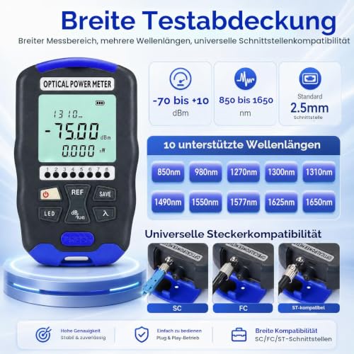 Optical Power Meter, 3-in-1 Fibre Optic Power Meter with RJ45 Tester, LED Light 850 ~ 1650 nm, -70 ~ +10 dBm, OPM FTTH Optical Power Meter Rechargeable Fibre Optic Tester with FC/SC/ST