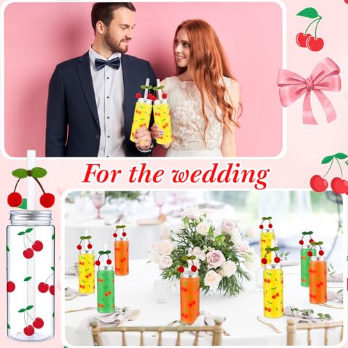 SiliFine 24 Pcs Cherry Cups with Lids Red Cherry Bows Cold Drinking Bottle
