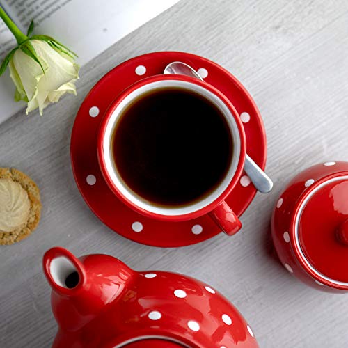 City to Cottage Handmade Red and White Polka Dot Large Ceramic 12oz/350ml Cappuccino Coffee Tea Cup and Saucer, Unique Designer Pottery Gift for Tea Lovers Red - 12oz (350ml)