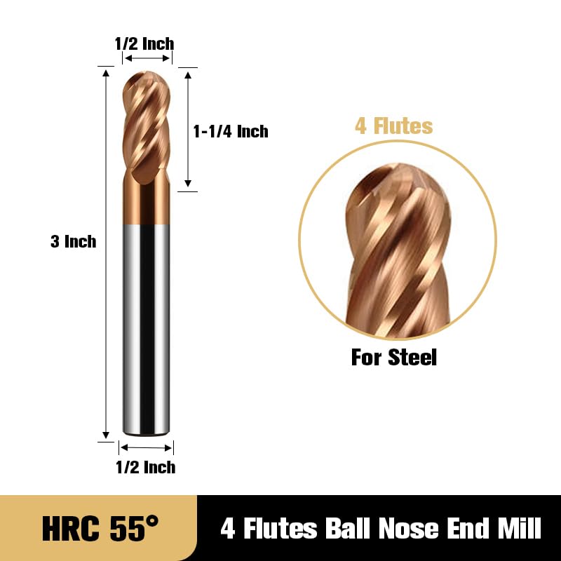[Australia - AusPower] - 1/2" Carbide Ball Nose end Mill Bits - 1/2" Shank Dia,3'' Oal - 4 Flutes TISIN Coated - for Alloy Steels, Hardened Steels 1/2 in 