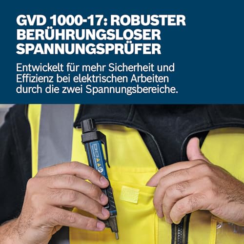 Bosch Professional Voltage Tester GVD 1000-17 | Non-contact voltage detection, IP67, dual range 24-1000V AC, integrated torch, belt clip, CAT IV 1000V tested