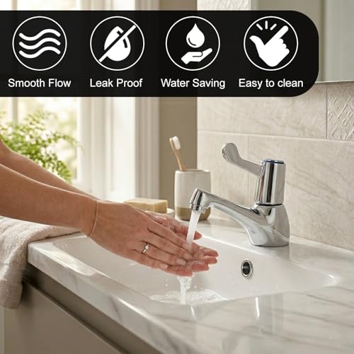 2PCS Hot & Cold Bathroom Basin Taps Chrome Plated Brass Sink Tap Pair with 1/2" BSP Thread, Quarter Turn Lever Handles & Ceramic Disc Valves Deck Mounted Taps for Bathroom & Kitchen Sink