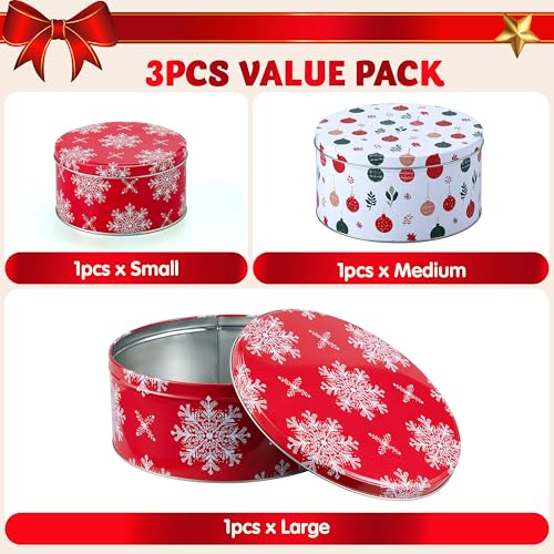 JOYIN 3PCS Christmas Cookie Tins with Lids for Gift Giving, Sturdy Holiday Baking Treat Metal Tins for Presents Wrapping, 3 Different Size Xmas Jars for Gift Giving, Party Food Dessert Containers