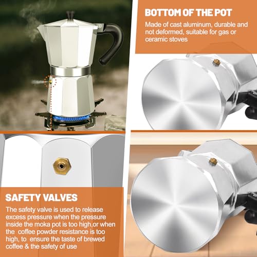 6 Cup Aluminum Espresso Stovetop Moka Pot Express Coffee Maker Percolator Italian Classic Mocha Coffee Machine for Italian and Cuban Cafe Brewing for Home & Camping 300ml 10oz Silver 6 Cup