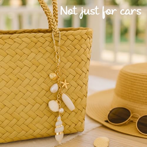 Beach Themed Seashell Hanging Decor, TWPER Boho Gold Keychain Charm for Car Mirror Bag Home, Cute Coastal Gifts for Women