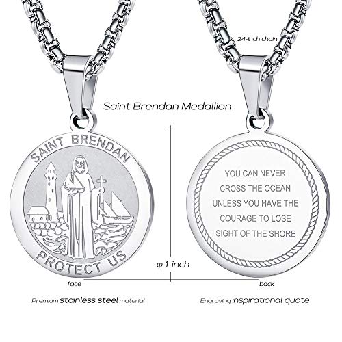 Wolentty Saint Brendan Necklace - 1" Stainless Steel Catholic St. Brendan Medal Pendant with 22" Chain Silver