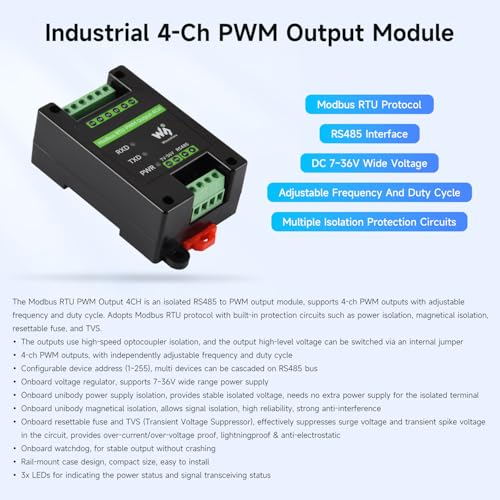 Waveshare Industrial 4-Ch PWM Output Module, Modbus RTU Protocol, Isolated RS485 Interface, Adjustable Frequency and Duty Cycle, with Various Isolation and Protection Circuits