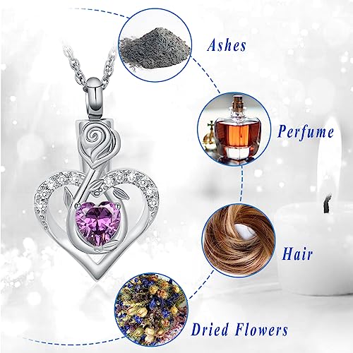 Roseflower Cremation Jewelry Heart Urn Necklace for Ashes for Women Gilrs Memorial Keepsake Birthstone Pendant Necklaces for Ashes of Loved Ones Silver-purple