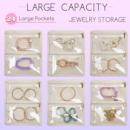 Travel Jewelry Organizer Case,Small Jewelry Bags for Traveling, Jewelry Binder with 24 Pcs Clear Zipper Velvet Pouches (Pink) Pink