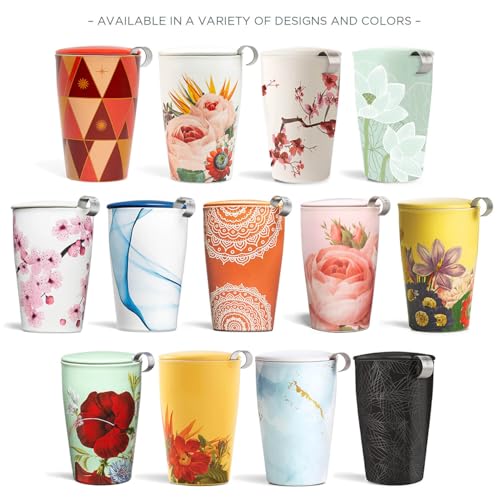 Tea Forte Double-Walled Ceramic Kati Cup, Removable Stainless Steel Infuser Basket and Lid, Steeps 12 oz Loose Leaf Tea, Dishwasher & Microwave Safe, Jardin