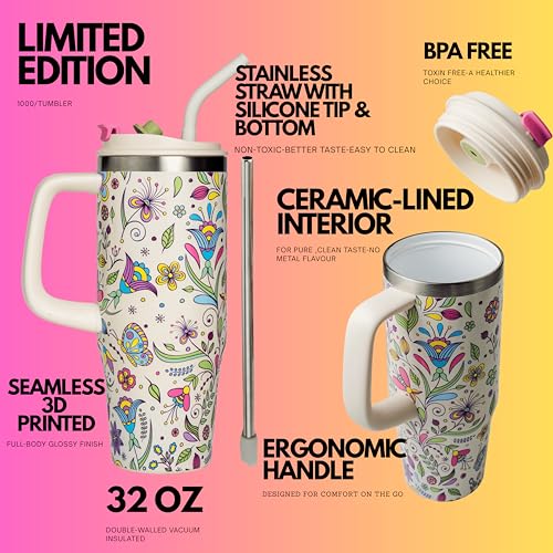 32 Oz Insulated Stainless Steel Tumbler with Handle and Straw lid | Limited Edition | Ceramic Lined Interior | Leak-proof | Travel Mug for Hot/Cold Drink | Carrying Bag Gift Blossom