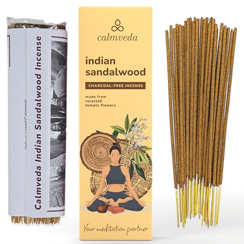 CALMVEDA, Indian Sandalwood Incense with Rosewood Incense Holder (80 Sticks +1 Holder) | Beautiful Natural Incense and Holder Combo for Home Decor and Spiritual Practice