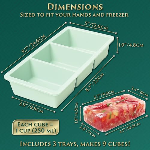 Silicone Soup Freezer Molds – 3 Stackable Trays with Lids, Makes 9 Super Soup Cubes (1-Cup/250ml Each), Dishwasher Friendly Containers, Perfect for Broth, Butter, Meal Prep, Sauces, and Leftovers