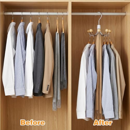 4-Pack 360° Swivel Hoodie Hanger with 6 Natural Wood Balls, Multi-Hook Closet Organizer for Sweatshirts, Purses, Hats, Bras & Accessories Storage