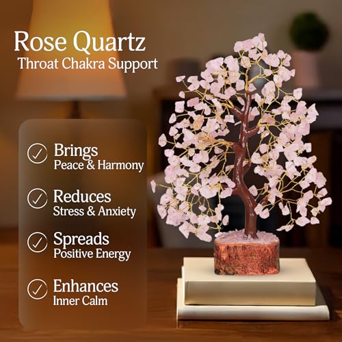 YATSKIA Rose Quartz Tree | Crystal Tree Gifts for Women | Gemstone Decor | Crystals and Gemstones | Pink Home Decor | Birthday Gifts for Women | 10 Inch 300 Beads 10in Rose Quartz Golden Wire